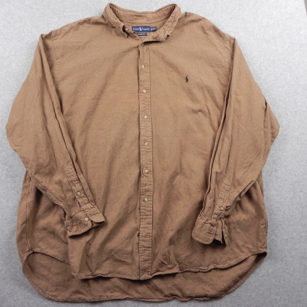 Ralph Lauren‎ Flannel Shirt Mens 4XLT Tall Button Brown Houndstooth Long Sleeve
